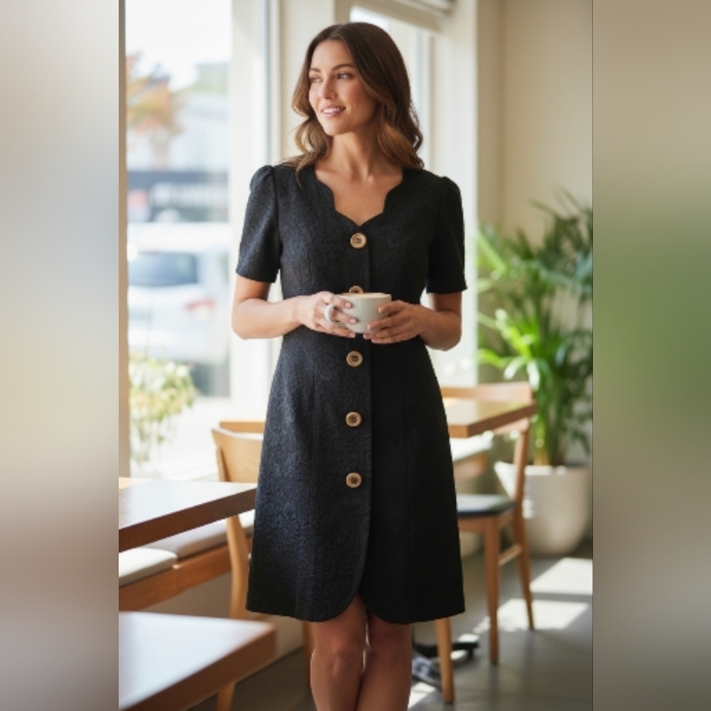 Leslie Fay Black Mini Dress with Button Accents